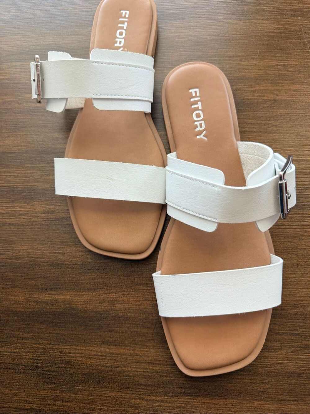 Fitory Women White Double Buckle Slide Flat Sandals Summer Shoes Size 10